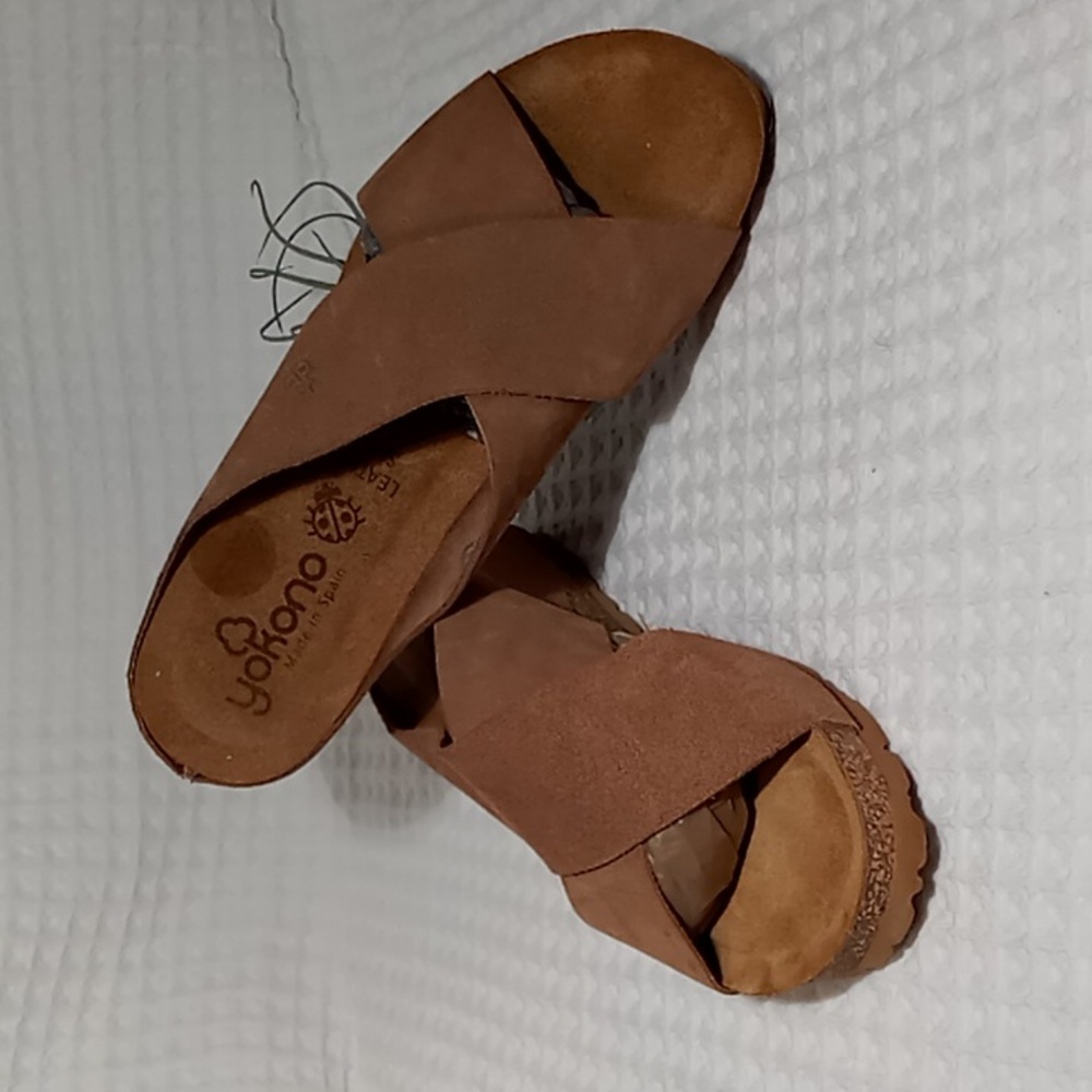 Yokono Tan Suede Cross Band Cork Wedge Mule Size 9 - Picture 3 of 13